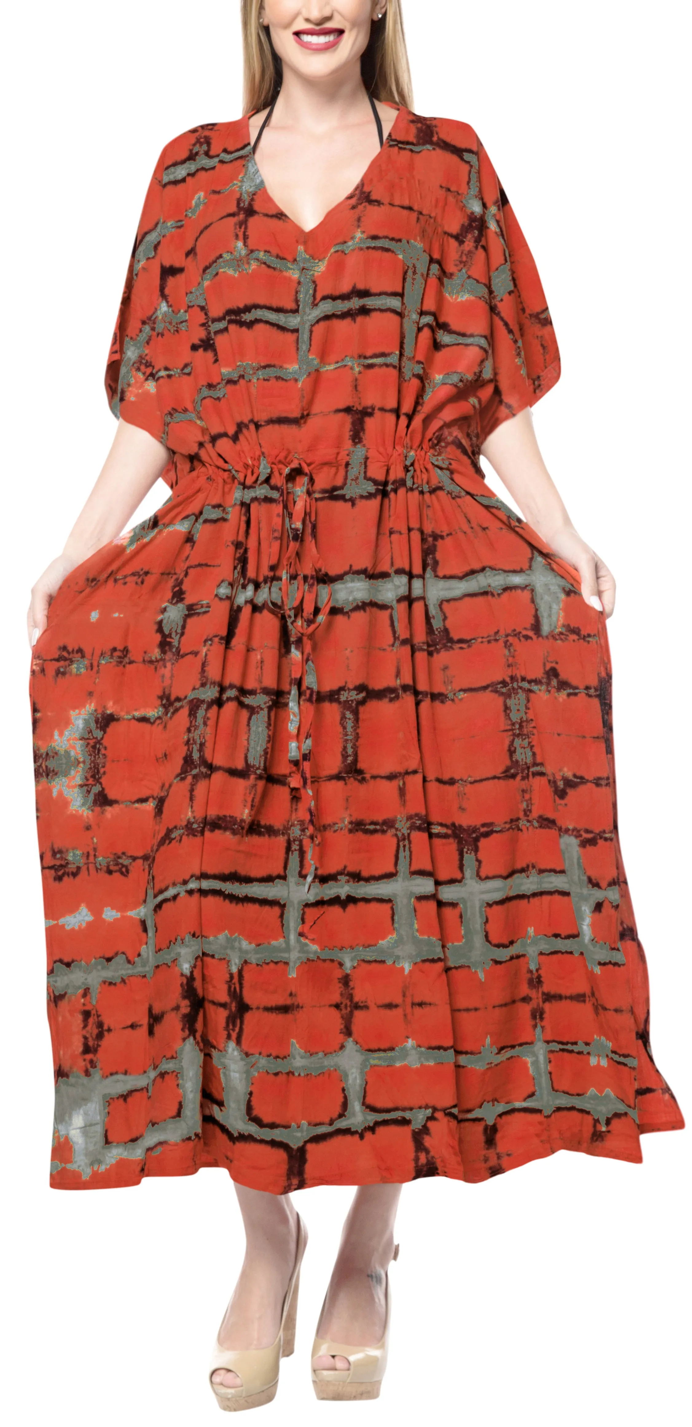 LA LEELA Tie_Dye Caftan Beach Dress Cover Up Bikini Sarong Beach Orange_1365 OSFM 14-32W