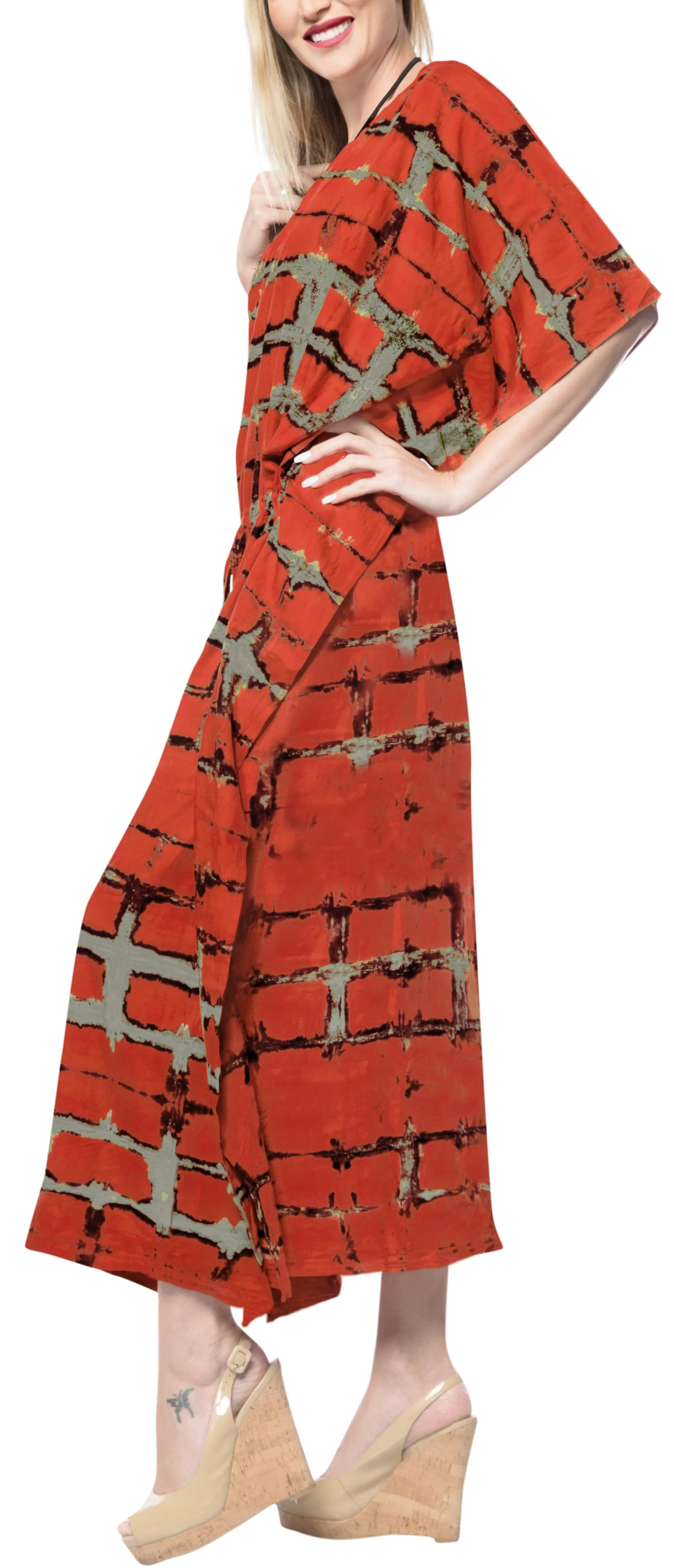LA LEELA Tie_Dye Caftan Beach Dress Cover Up Bikini Sarong Beach Orange_1365 OSFM 14-32W