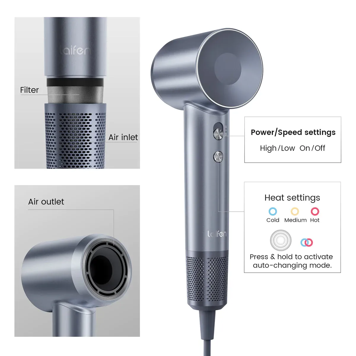 Laifen Swift Special Negative Ionic High Speed Hair Dryer With 3 Nozzles – 1600W – Silver