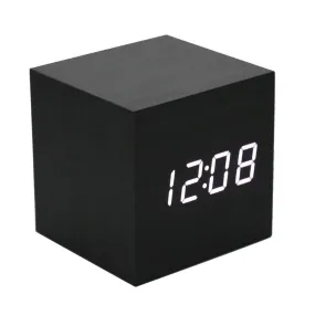 Lanker Wooden Alarm Clock - Mini Cube LED Digital Clock Time/Date/Temperature Display, 3 Levels Brightness Voice Control Great Home Office Travel - AC10Black_White