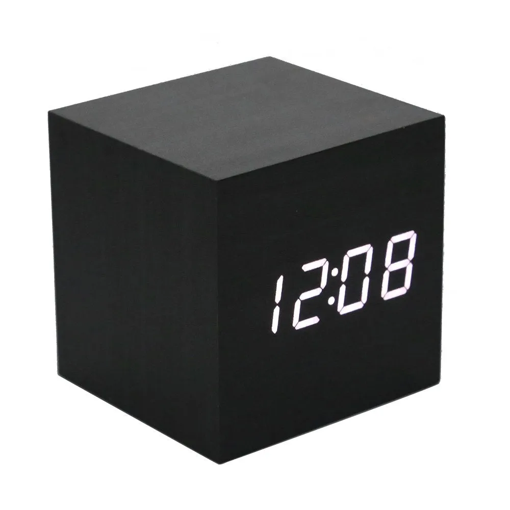 Lanker Wooden Alarm Clock - Mini Cube LED Digital Clock Time/Date/Temperature Display, 3 Levels Brightness Voice Control Great Home Office Travel - AC10Black_White