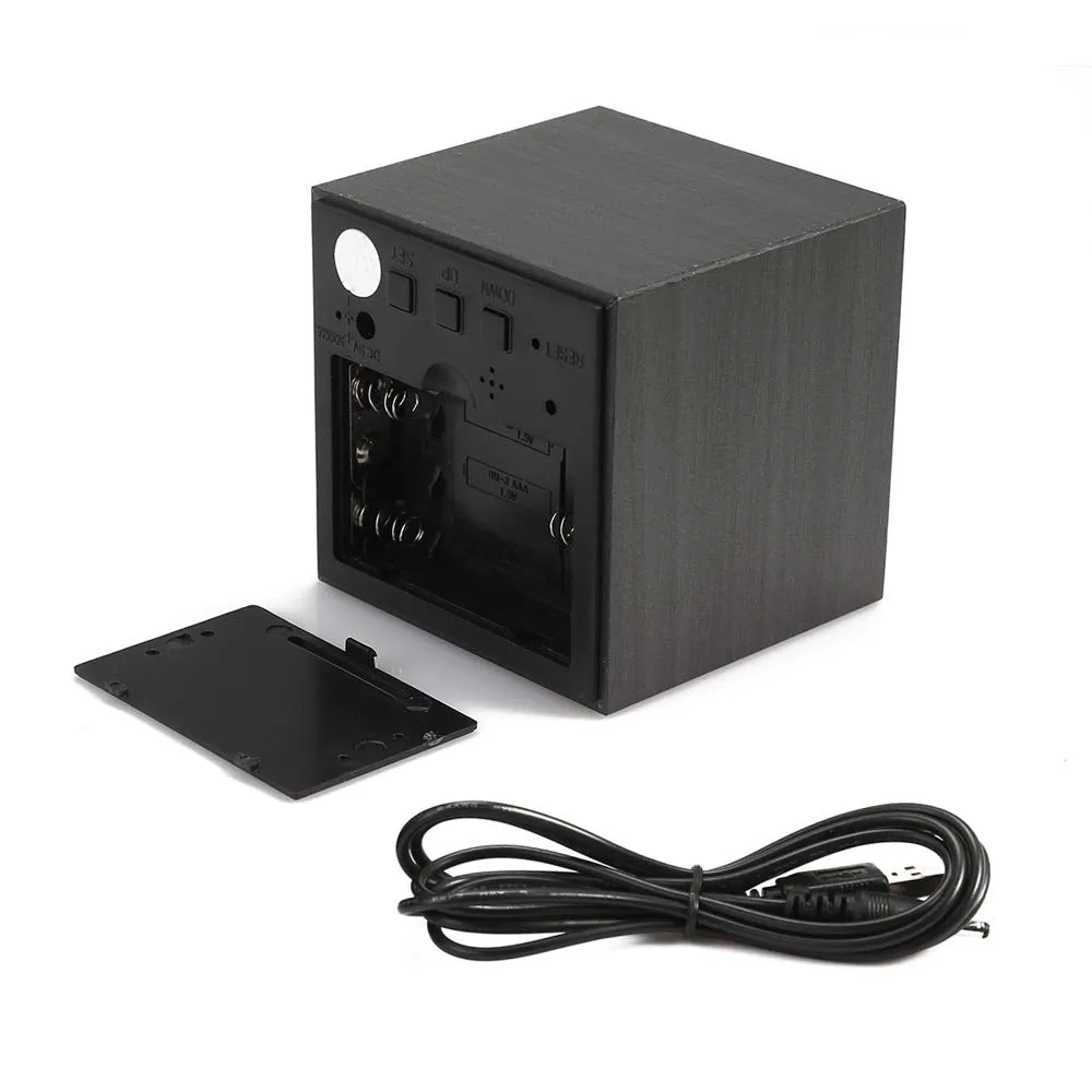 Lanker Wooden Alarm Clock - Mini Cube LED Digital Clock Time/Date/Temperature Display, 3 Levels Brightness Voice Control Great Home Office Travel - AC10Black_White