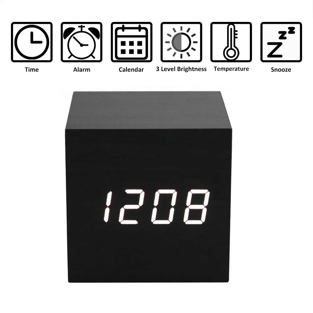 Lanker Wooden Alarm Clock - Mini Cube LED Digital Clock Time/Date/Temperature Display, 3 Levels Brightness Voice Control Great Home Office Travel - AC10Black_White