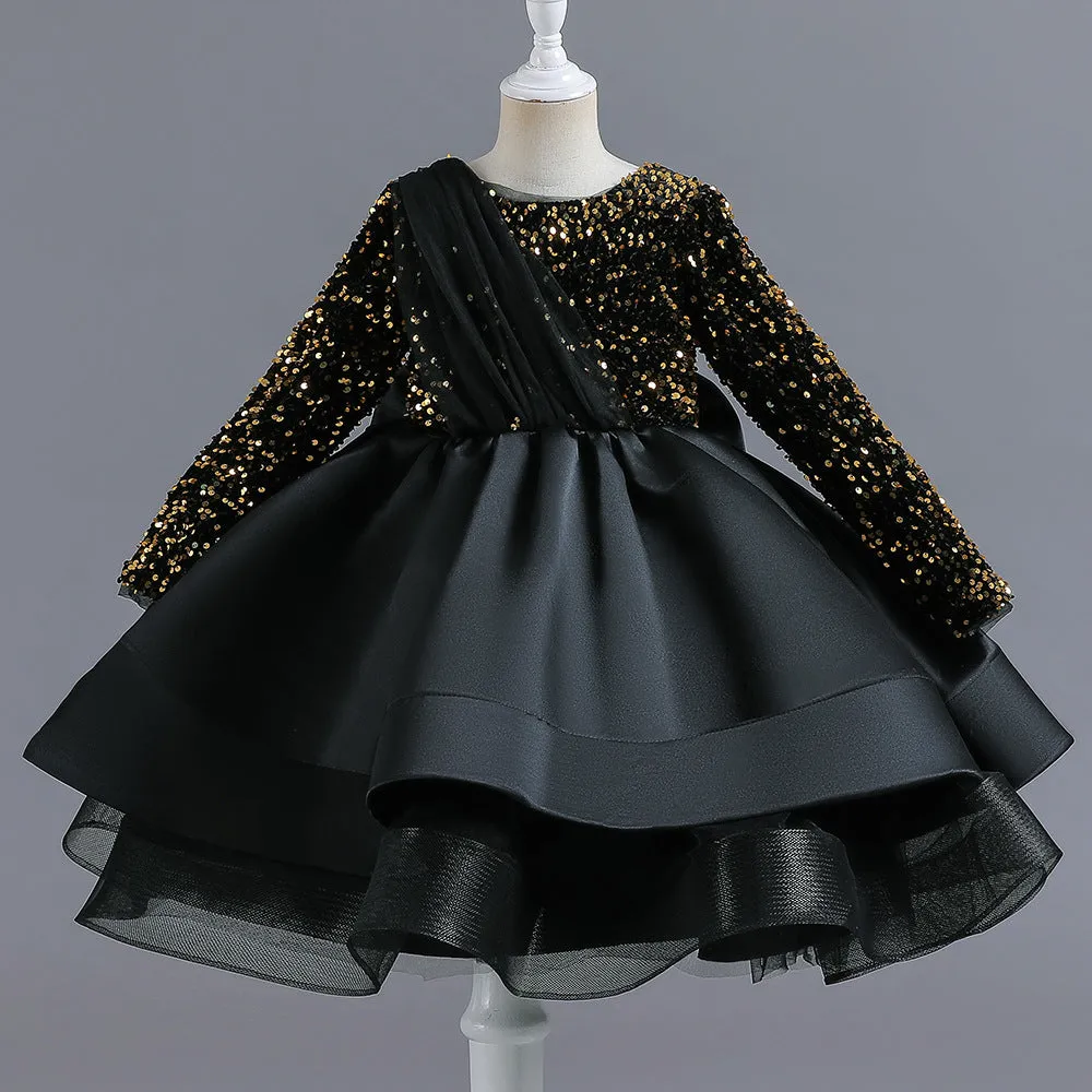 LS6102 1 to 8 Years Girls' Dress Winter Tutu Skirt Foreign Style Girl Long-Sleeved Princess Dress Children's Banquet Evening Dress