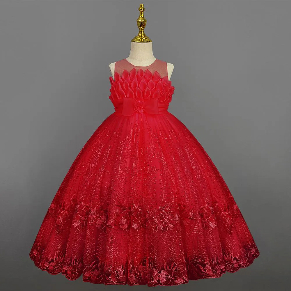 LS8038 Outong Yoliyolei Elegant Princess Lace Dress Kids Flower Embroidery Dresses For Girls Vintage Children Dresses for Christmas Party Graduation Ceremony Red Ball Gown