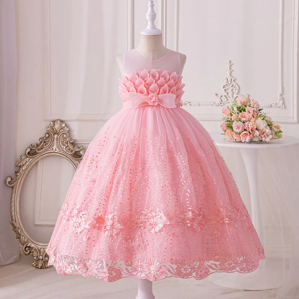 LS8038 Outong Yoliyolei Elegant Princess Lace Dress Kids Flower Embroidery Dresses For Girls Vintage Children Dresses for Christmas Party Graduation Ceremony Red Ball Gown