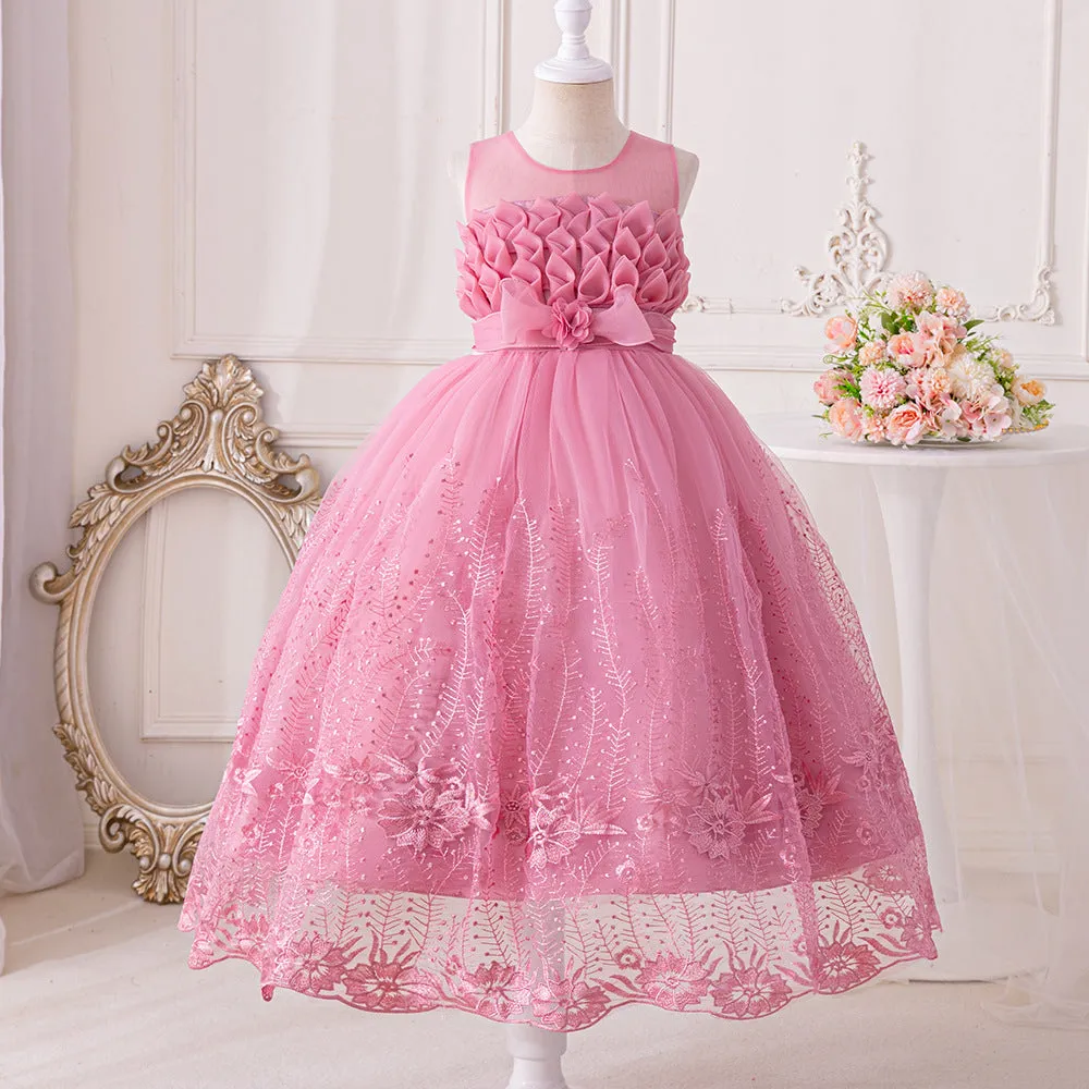 LS8038 Outong Yoliyolei Elegant Princess Lace Dress Kids Flower Embroidery Dresses For Girls Vintage Children Dresses for Christmas Party Graduation Ceremony Red Ball Gown