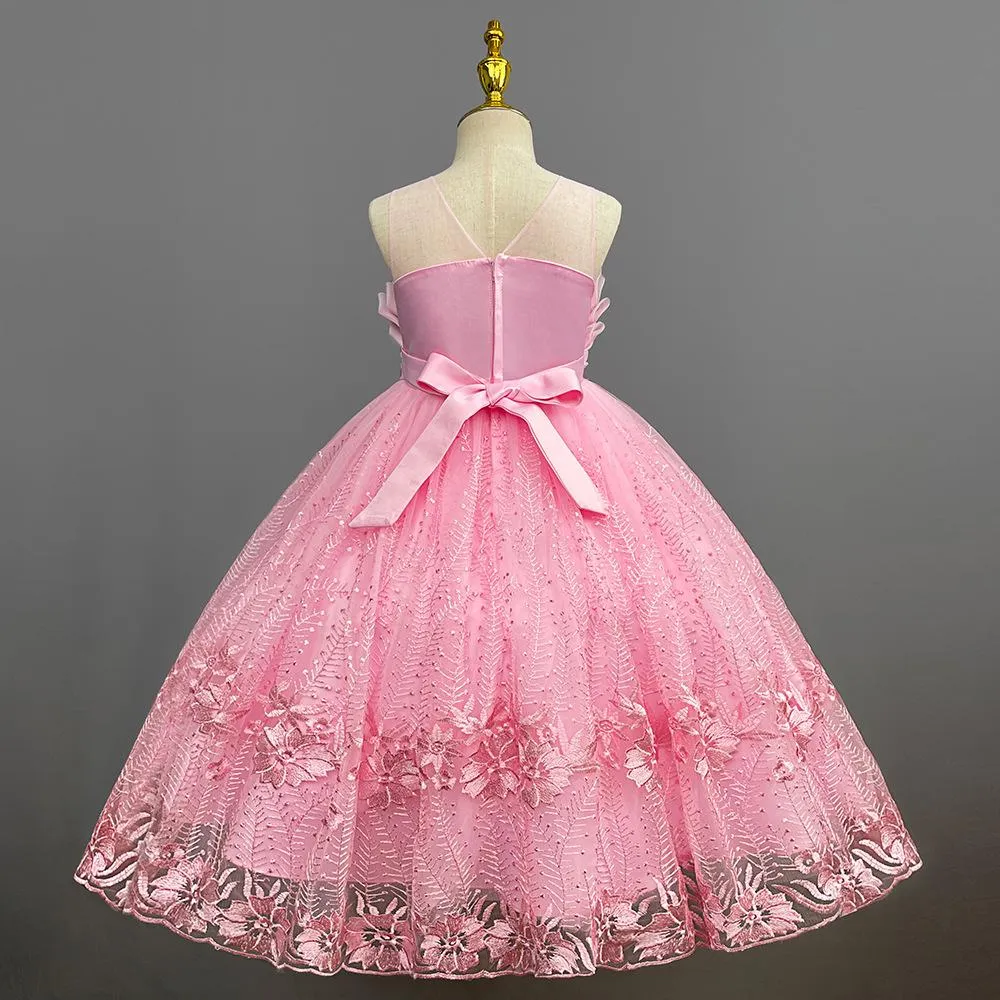 LS8038 Outong Yoliyolei Elegant Princess Lace Dress Kids Flower Embroidery Dresses For Girls Vintage Children Dresses for Christmas Party Graduation Ceremony Red Ball Gown