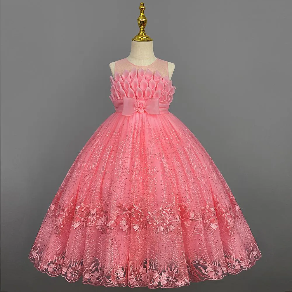 LS8038 Outong Yoliyolei Elegant Princess Lace Dress Kids Flower Embroidery Dresses For Girls Vintage Children Dresses for Christmas Party Graduation Ceremony Red Ball Gown
