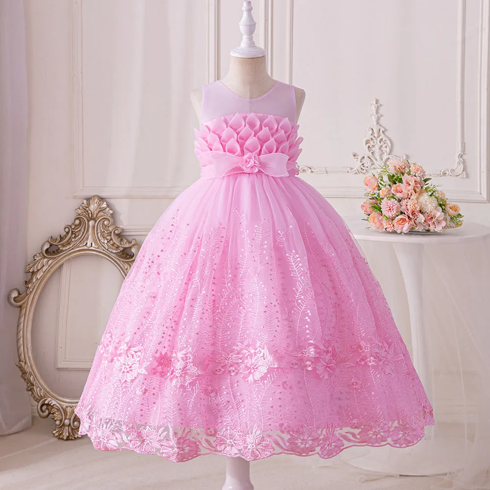 LS8038 Outong Yoliyolei Elegant Princess Lace Dress Kids Flower Embroidery Dresses For Girls Vintage Children Dresses for Christmas Party Graduation Ceremony Red Ball Gown