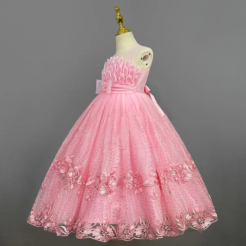 LS8038 Outong Yoliyolei Elegant Princess Lace Dress Kids Flower Embroidery Dresses For Girls Vintage Children Dresses for Christmas Party Graduation Ceremony Red Ball Gown