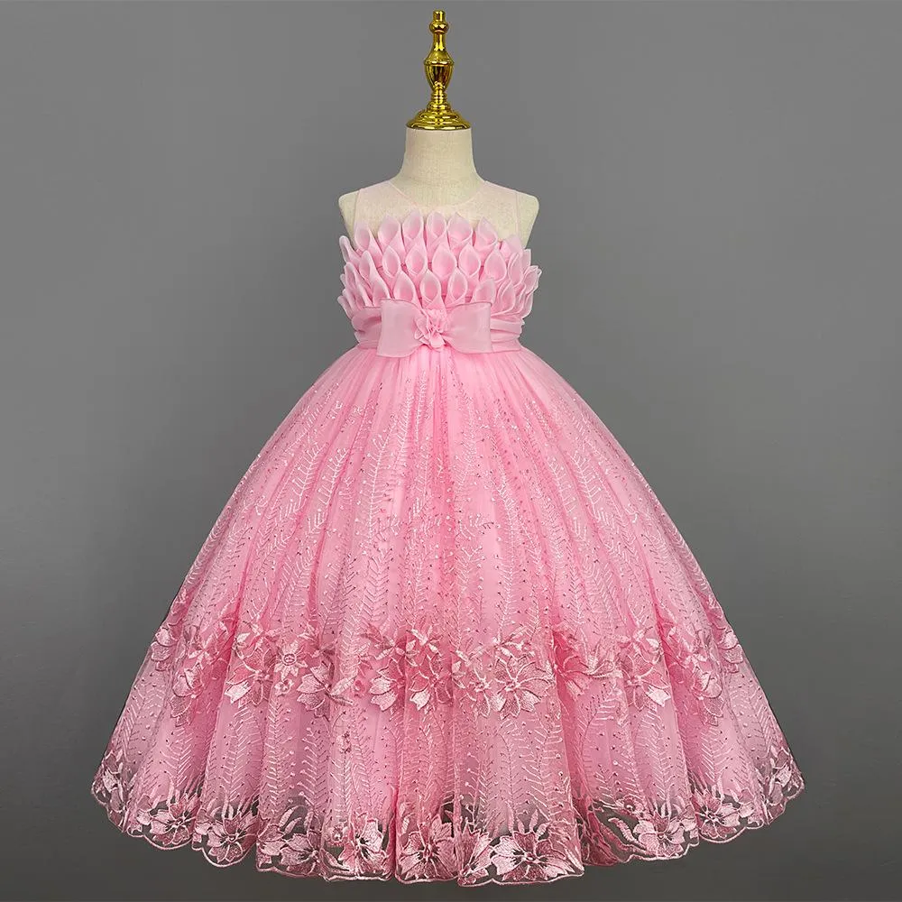 LS8038 Outong Yoliyolei Elegant Princess Lace Dress Kids Flower Embroidery Dresses For Girls Vintage Children Dresses for Christmas Party Graduation Ceremony Red Ball Gown