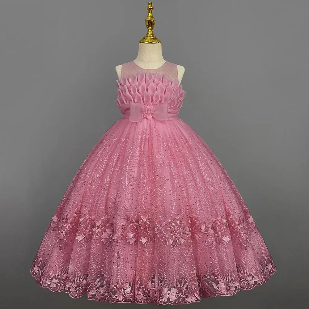 LS8038 Outong Yoliyolei Elegant Princess Lace Dress Kids Flower Embroidery Dresses For Girls Vintage Children Dresses for Christmas Party Graduation Ceremony Red Ball Gown