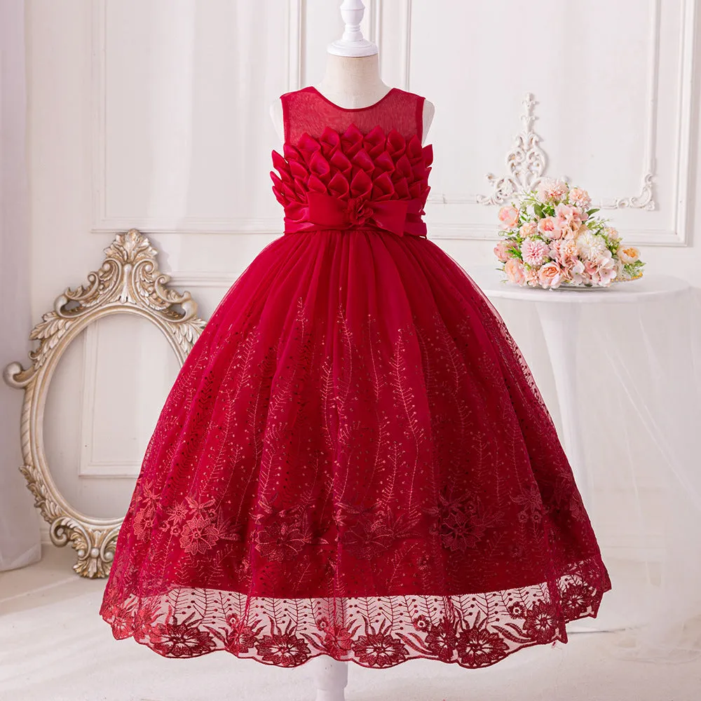 LS8038 Outong Yoliyolei Elegant Princess Lace Dress Kids Flower Embroidery Dresses For Girls Vintage Children Dresses for Christmas Party Graduation Ceremony Red Ball Gown