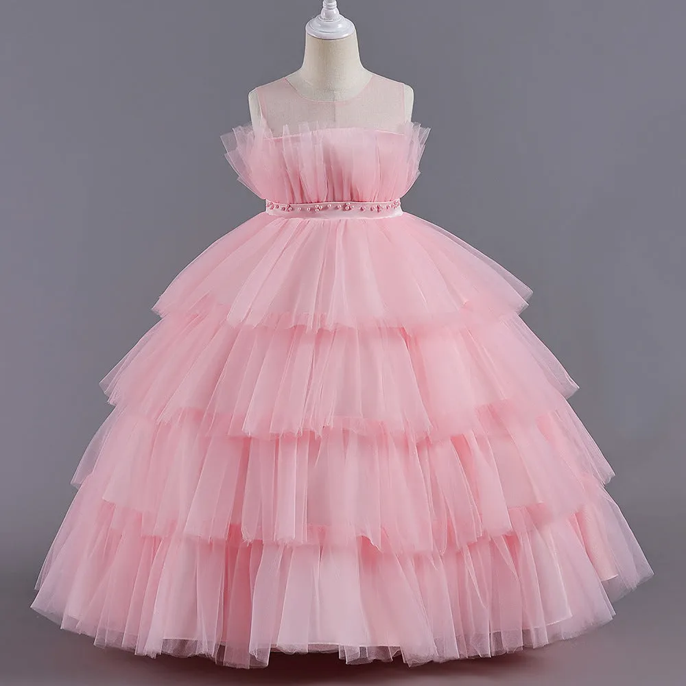 LS8050 Girls Dress Long Princess Dress Flower Girl Wedding Cake Dress Sweet Little Girl Puffy Dress