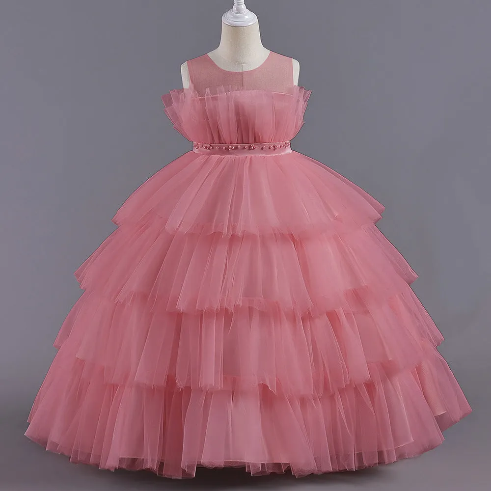 LS8050 Girls Dress Long Princess Dress Flower Girl Wedding Cake Dress Sweet Little Girl Puffy Dress