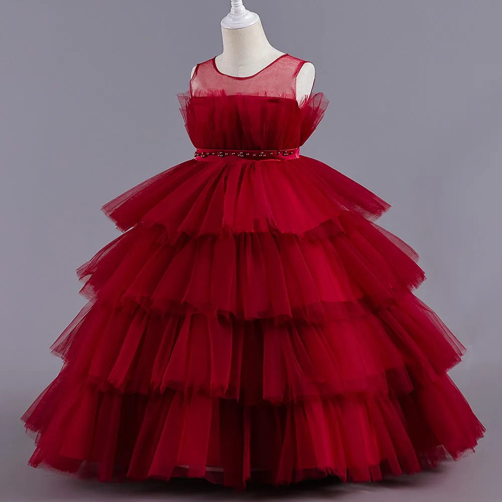 LS8050 Girls Dress Long Princess Dress Flower Girl Wedding Cake Dress Sweet Little Girl Puffy Dress