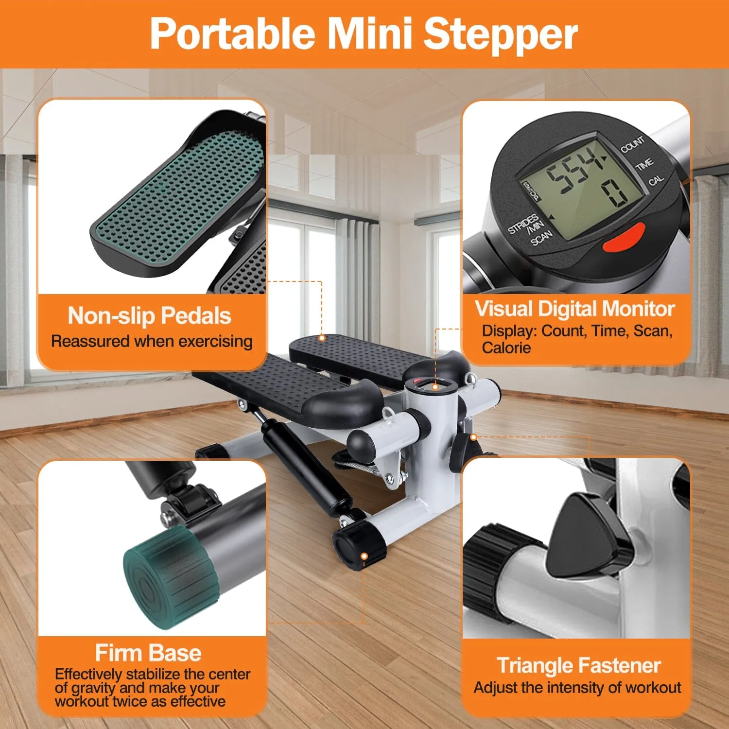 Mini Fitness Stepper with 2 Resistance Bands LCD Monitor