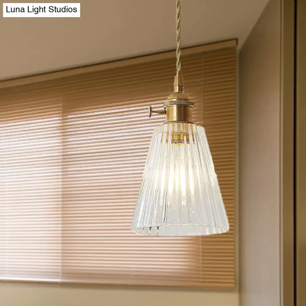 Modern Flared Clear Glass 1-Light Pendant Ceiling Light in Brass