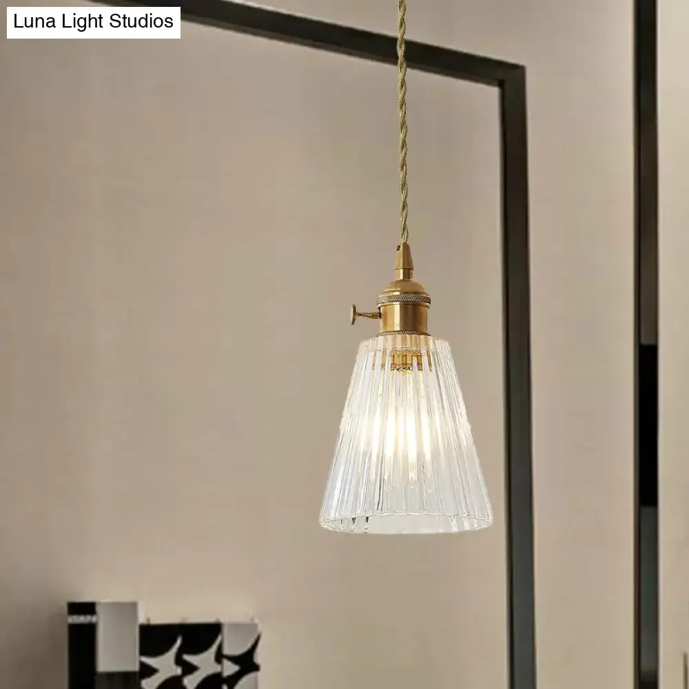 Modern Flared Clear Glass 1-Light Pendant Ceiling Light in Brass