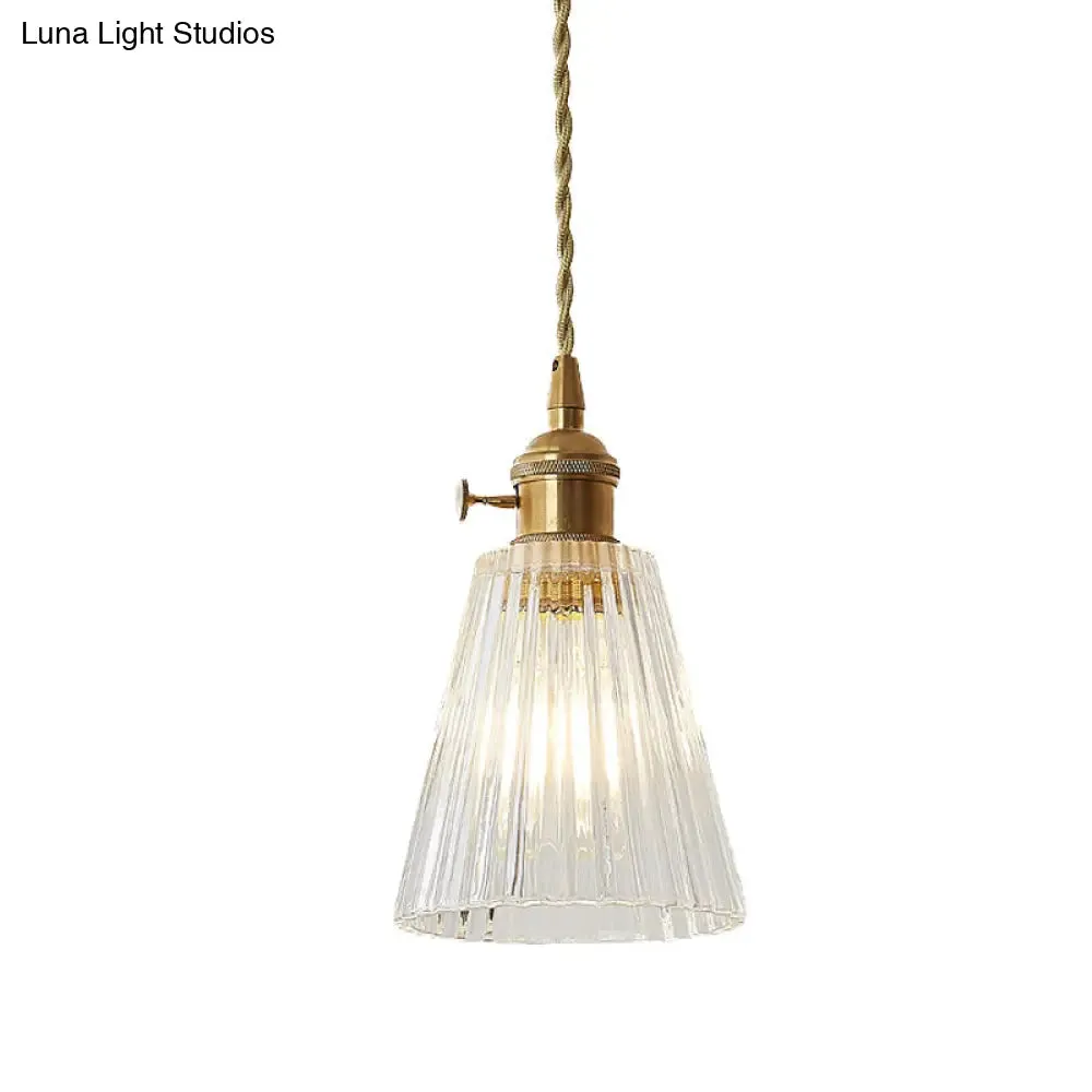 Modern Flared Clear Glass 1-Light Pendant Ceiling Light in Brass