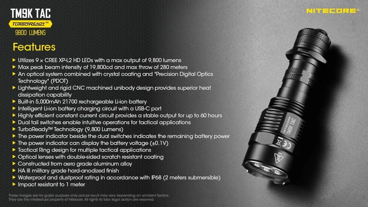Nitecore TM9K TAC powerful 9800 lumen 280m USB-C rechargeable tactical floodlight