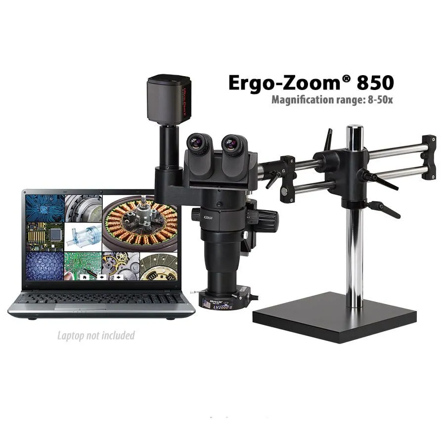 OC White TKDEZT-850-LV2 Ergo-Zoom&reg; 850 Stereo Zoom Trinocular Microscope with Dual Boom Stand, 6MP Hybrid HDMI/USB Camera & LED Ring Light