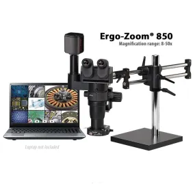OC White TKDEZT-850-LV2 Ergo-Zoom&reg; 850 Stereo Zoom Trinocular Microscope with Dual Boom Stand, 6MP Hybrid HDMI/USB Camera & LED Ring Light