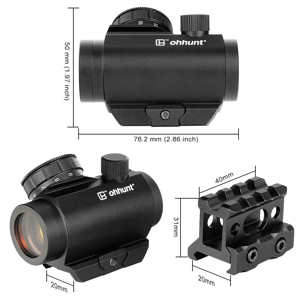 ohhunt 1X25 2 MOA Micro Red Dot Sight 11 Brightness Control With Co-Witness Riser Mount