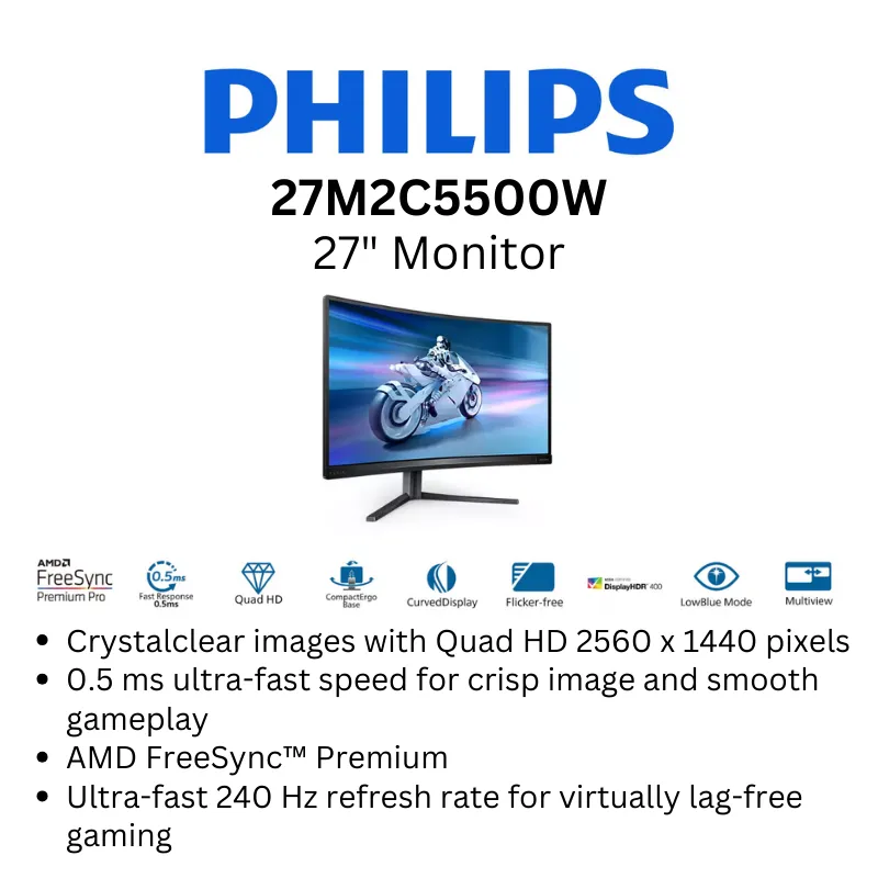 Philips 27M2C5500W 27" VA LCD Panel 2560 x 1440 DP 240Hz Gaming Monitor / 1ms / HDMI /DP 1.2