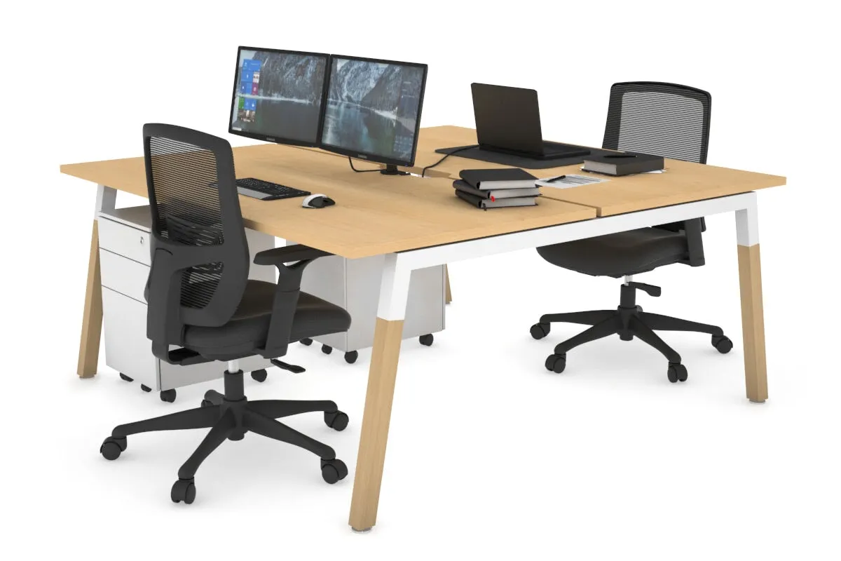 Quadro A Legs 2 Person Office Workstation - Wood Legs Cross Beam [1400L x 800W with Cable Scallop]