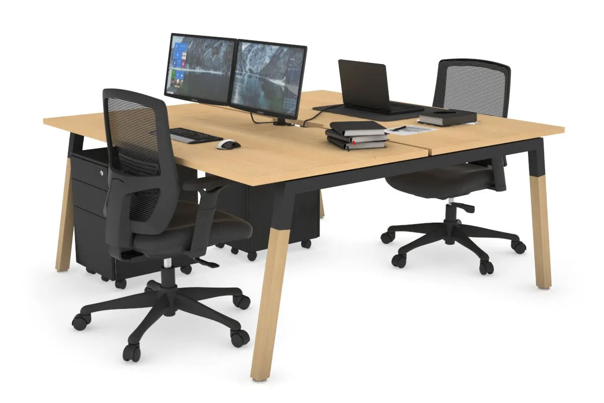 Quadro A Legs 2 Person Office Workstation - Wood Legs Cross Beam [1400L x 800W with Cable Scallop]