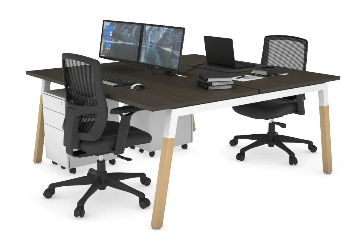 Quadro A Legs 2 Person Office Workstation - Wood Legs Cross Beam [1400L x 800W with Cable Scallop]
