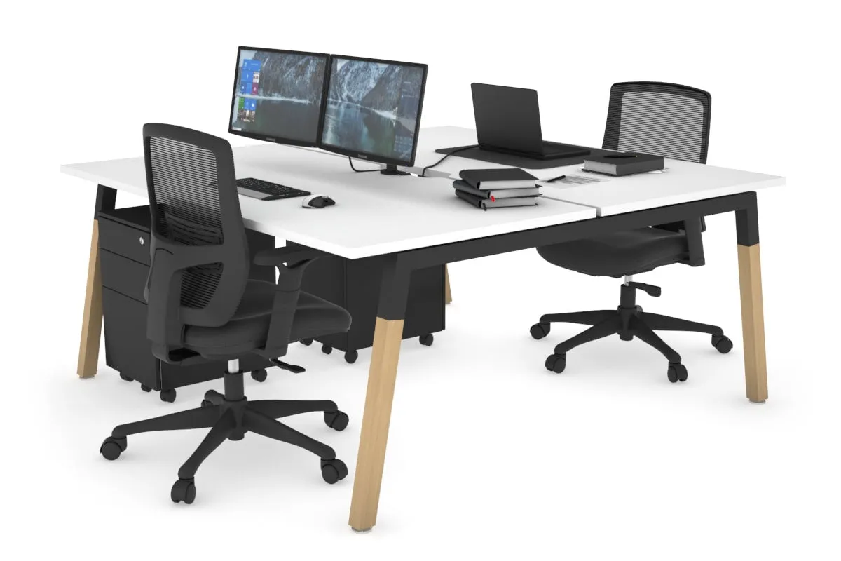 Quadro A Legs 2 Person Office Workstation - Wood Legs Cross Beam [1400L x 800W with Cable Scallop]