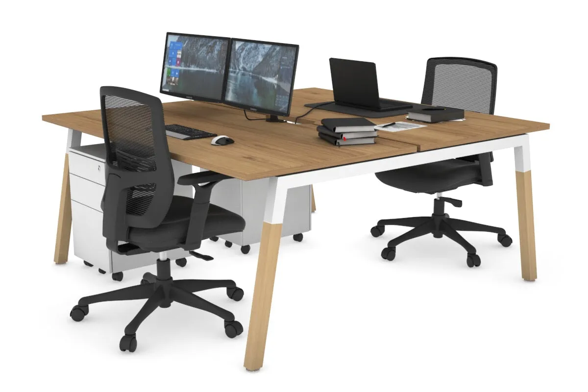 Quadro A Legs 2 Person Office Workstation - Wood Legs Cross Beam [1400L x 800W with Cable Scallop]