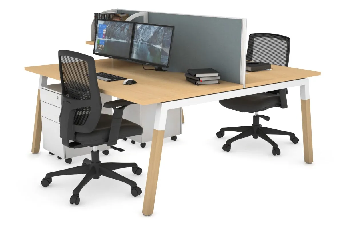 Quadro A Legs 2 Person Office Workstation - Wood Legs Cross Beam [1400L x 800W with Cable Scallop]