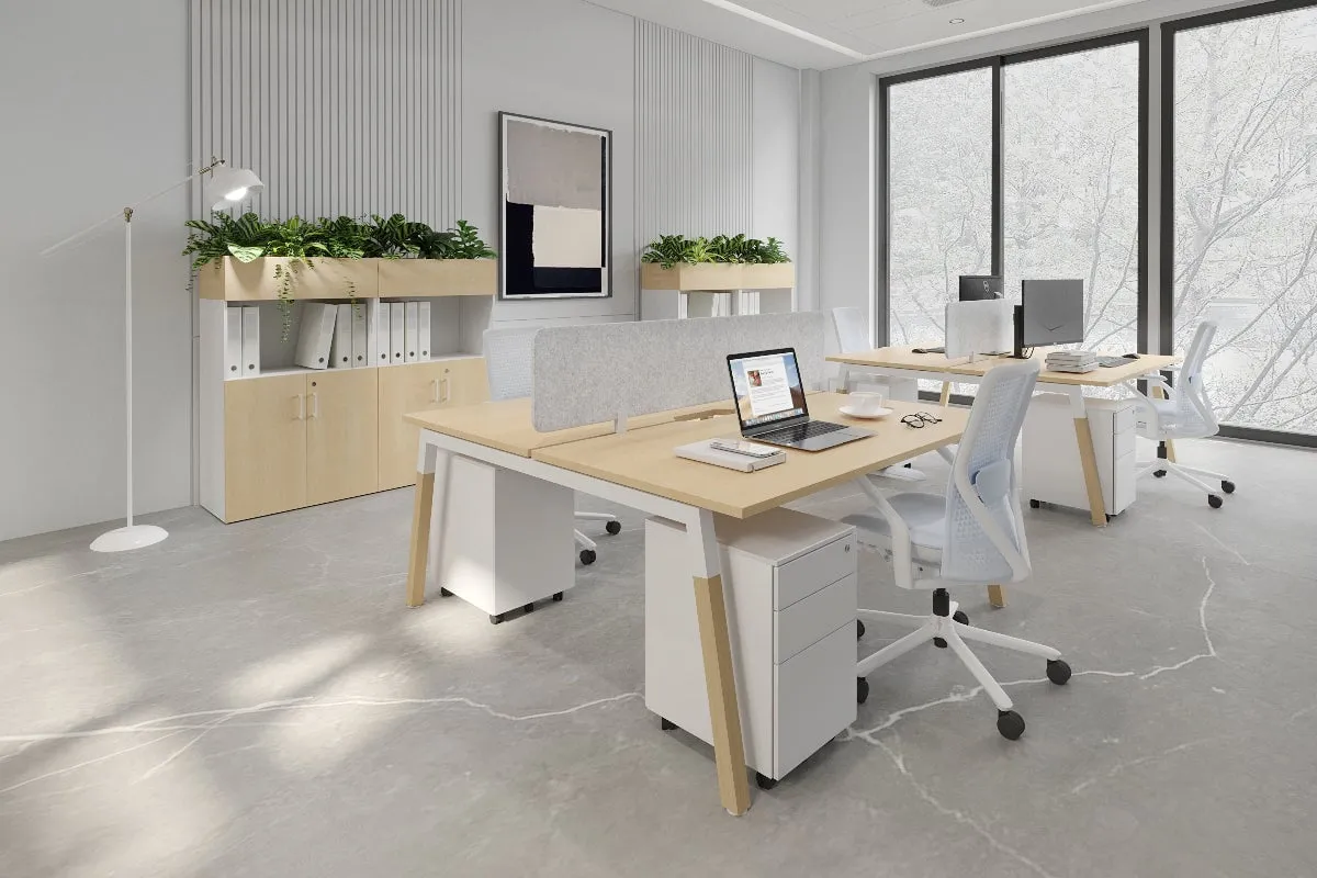 Quadro A Legs 2 Person Office Workstation - Wood Legs Cross Beam [1400L x 800W with Cable Scallop]