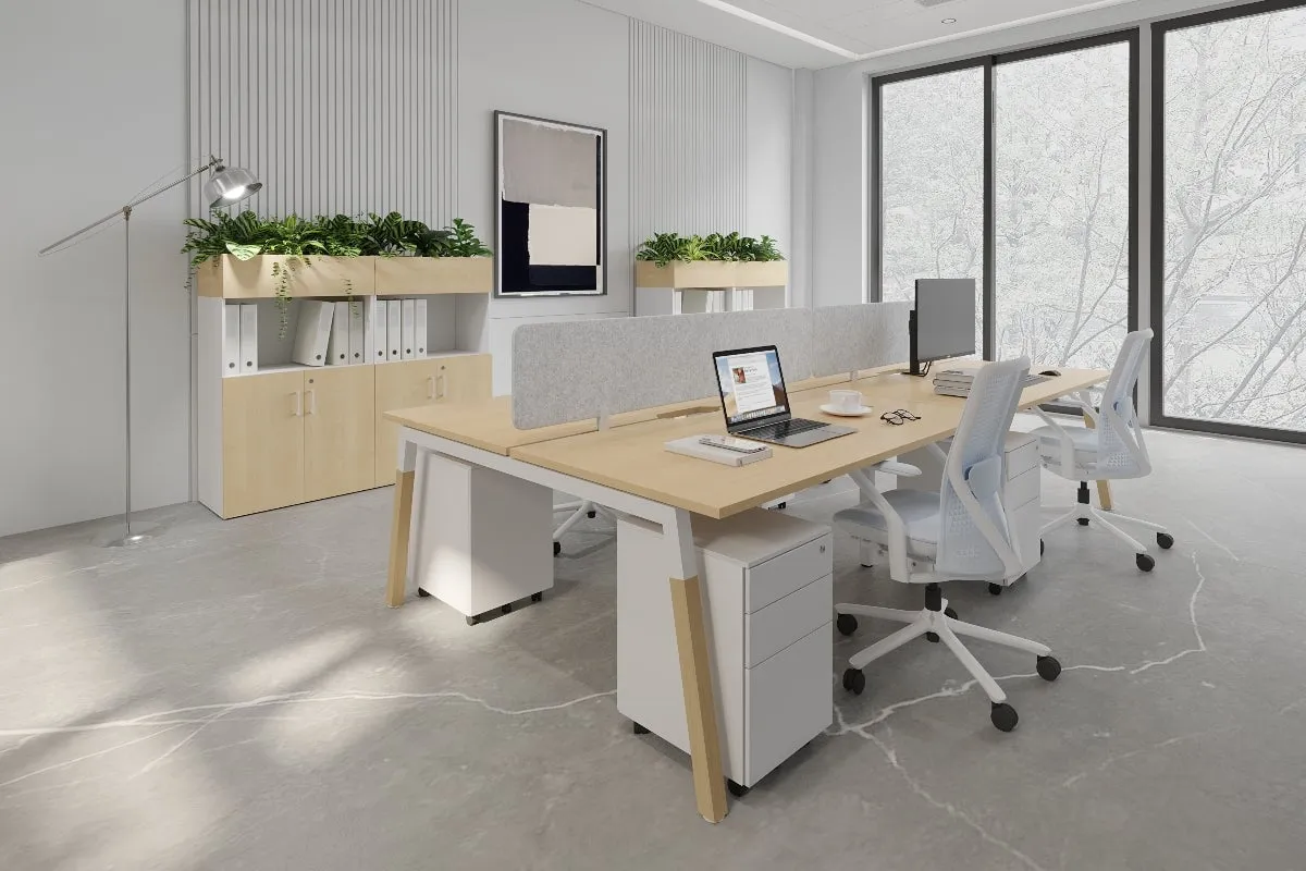 Quadro A Legs 4 Person Office Workstation - Wood Legs Cross Beam [1400L x 800W with Cable Scallop]