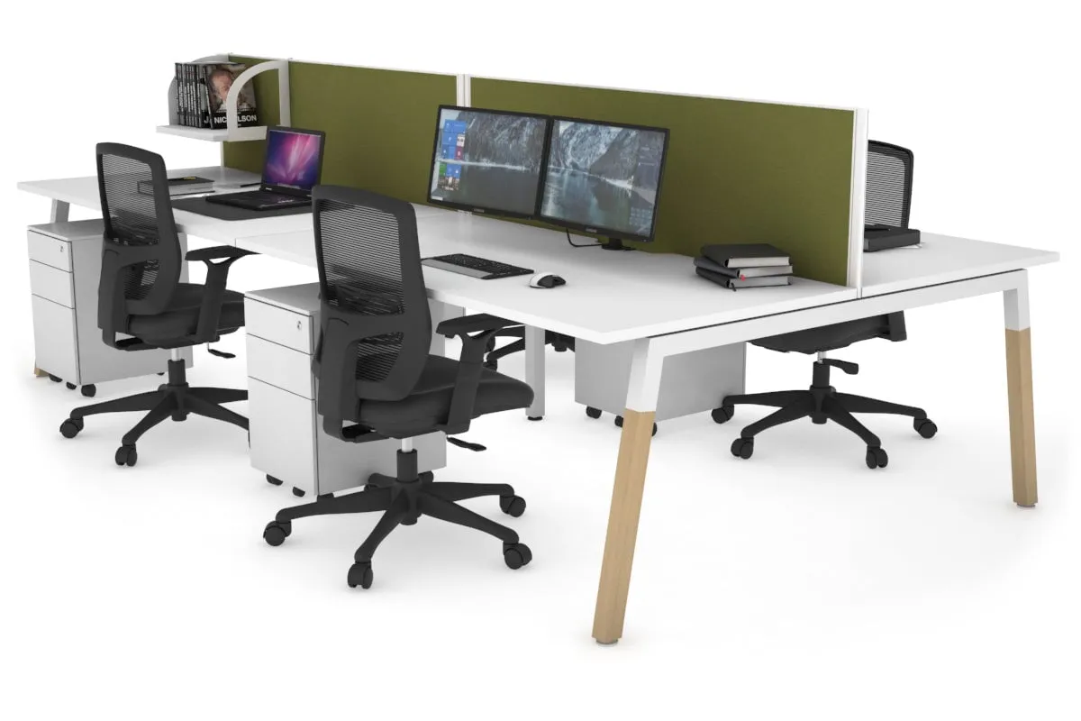 Quadro A Legs 4 Person Office Workstation - Wood Legs Cross Beam [1400L x 800W with Cable Scallop]