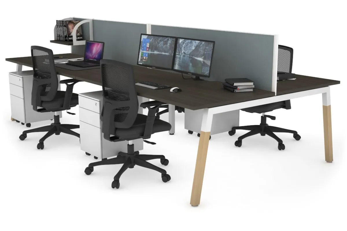 Quadro A Legs 4 Person Office Workstation - Wood Legs Cross Beam [1400L x 800W with Cable Scallop]