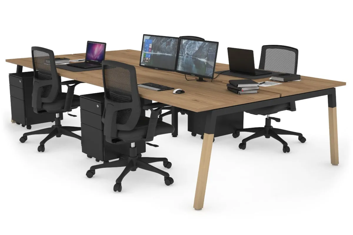Quadro A Legs 4 Person Office Workstation - Wood Legs Cross Beam [1400L x 800W with Cable Scallop]