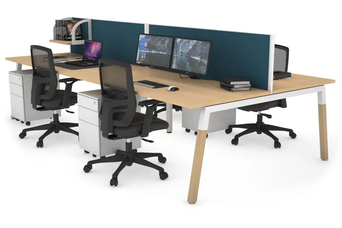 Quadro A Legs 4 Person Office Workstation - Wood Legs Cross Beam [1400L x 800W with Cable Scallop]