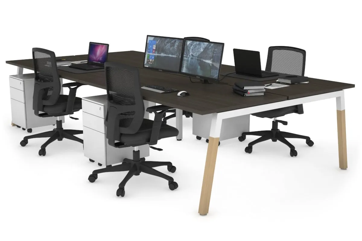 Quadro A Legs 4 Person Office Workstation - Wood Legs Cross Beam [1400L x 800W with Cable Scallop]