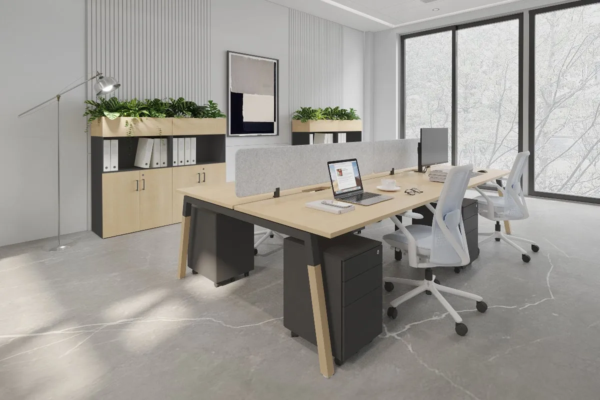 Quadro A Legs 4 Person Office Workstation - Wood Legs Cross Beam [1400L x 800W with Cable Scallop]