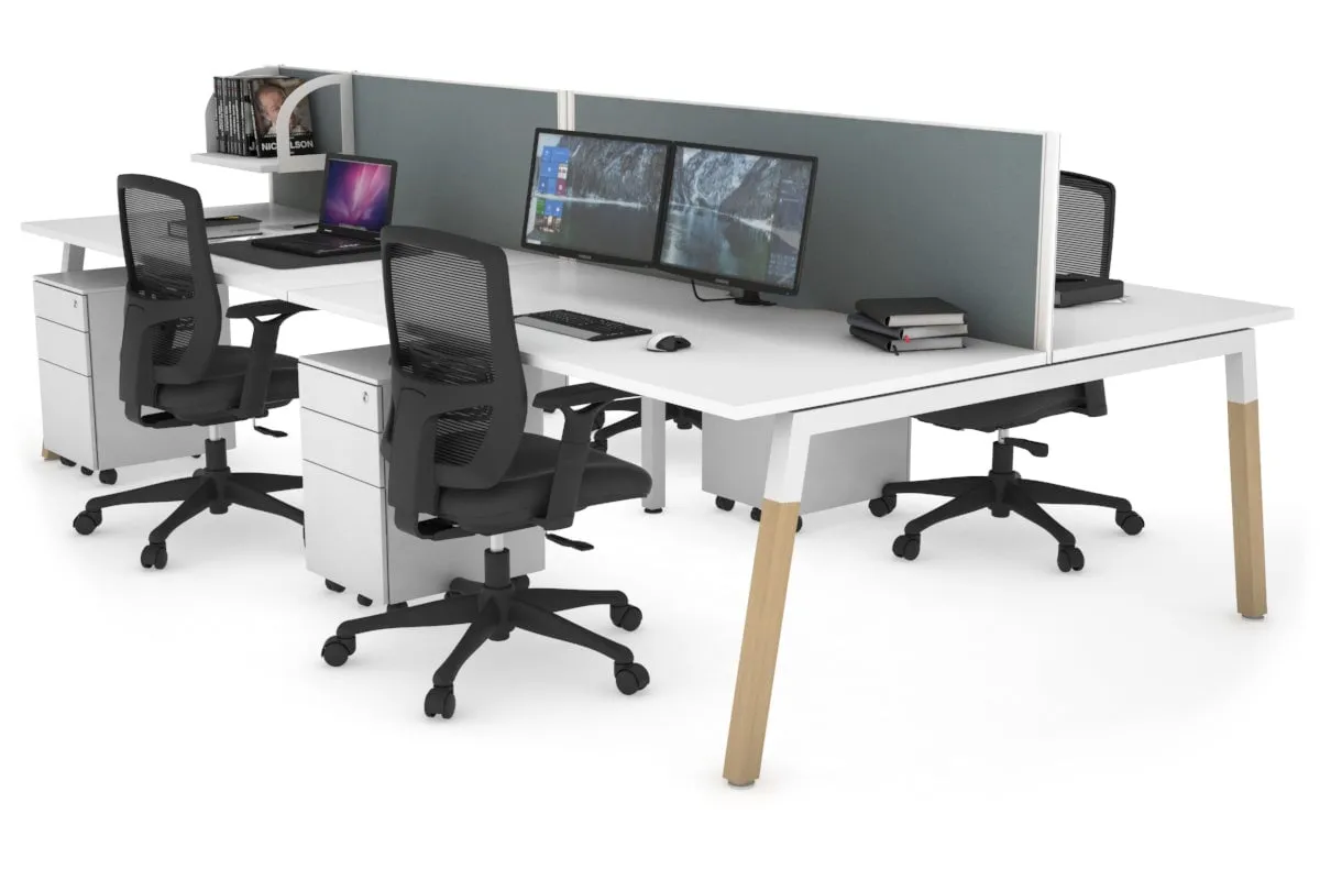 Quadro A Legs 4 Person Office Workstation - Wood Legs Cross Beam [1400L x 800W with Cable Scallop]