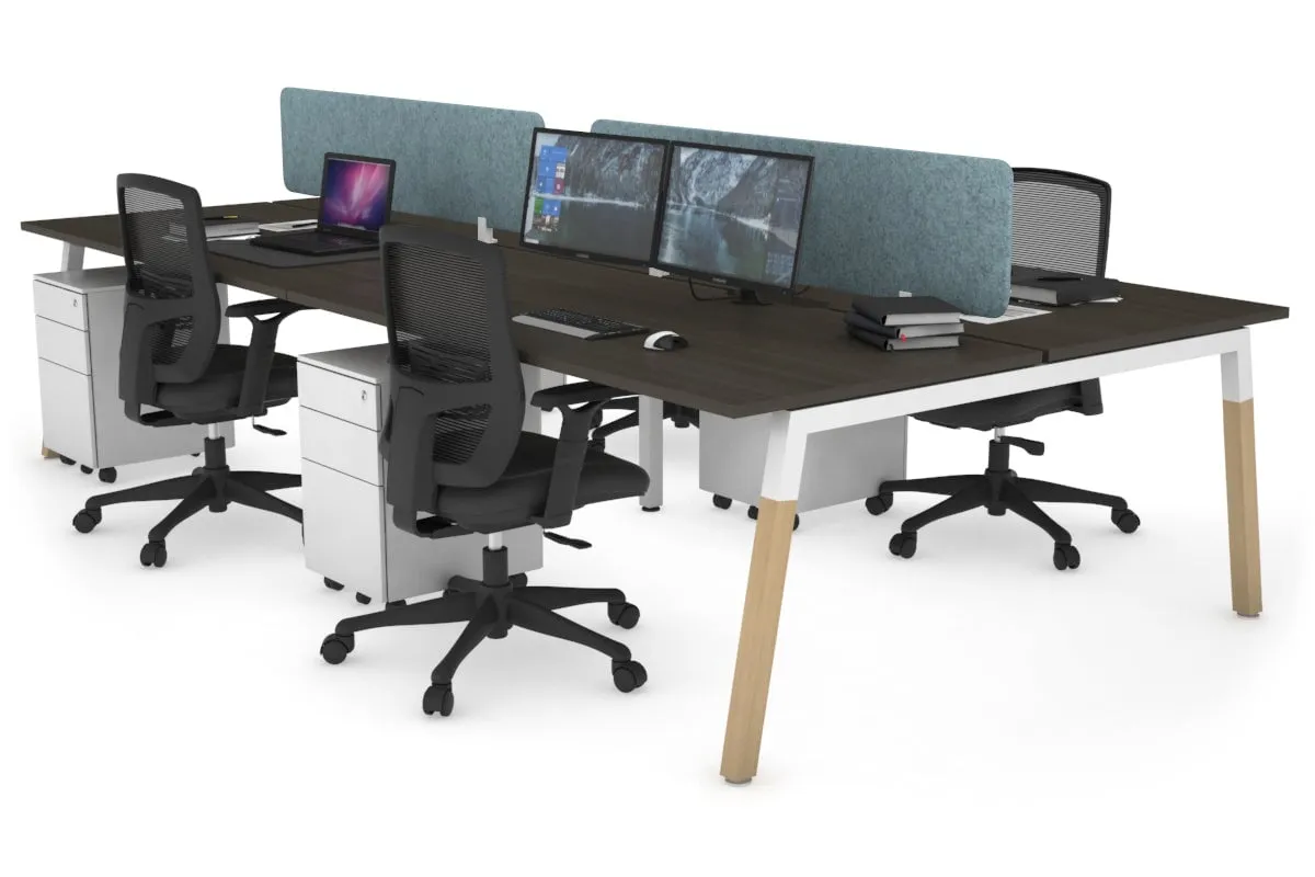 Quadro A Legs 4 Person Office Workstation - Wood Legs Cross Beam [1400L x 800W with Cable Scallop]