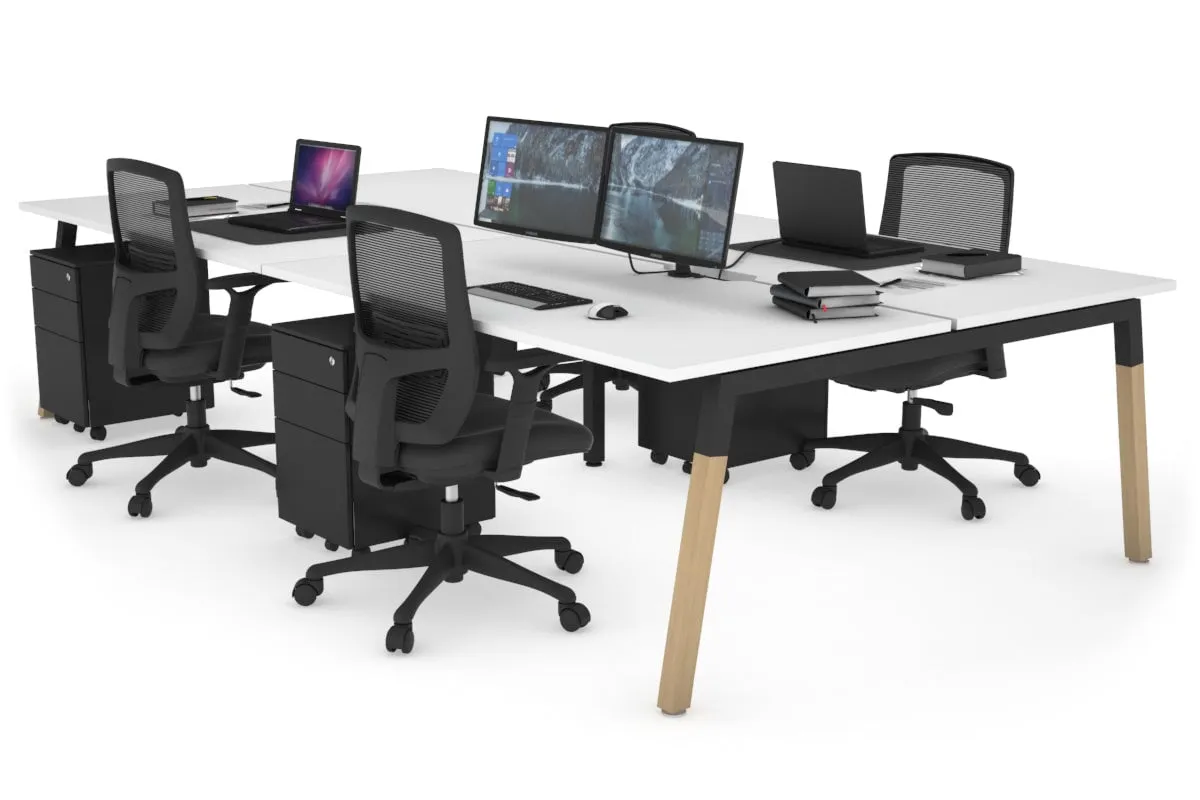 Quadro A Legs 4 Person Office Workstation - Wood Legs Cross Beam [1400L x 800W with Cable Scallop]