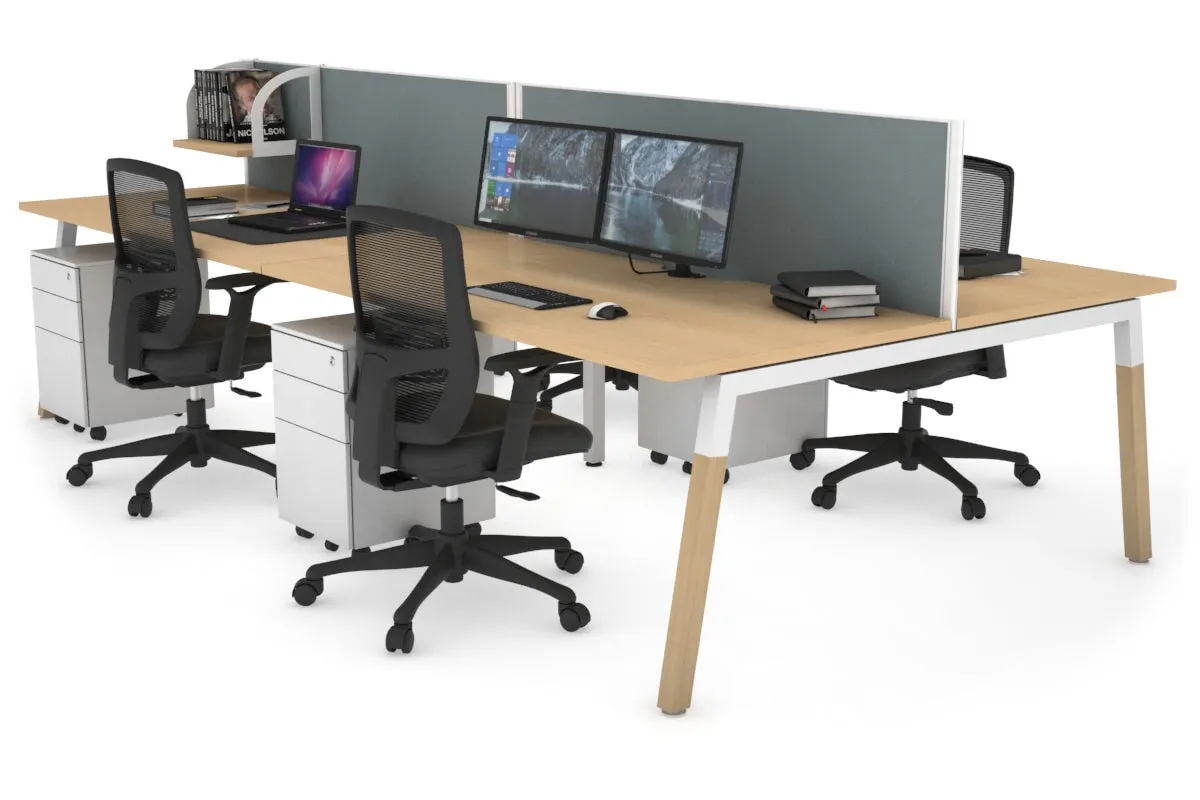 Quadro A Legs 4 Person Office Workstation - Wood Legs Cross Beam [1400L x 800W with Cable Scallop]