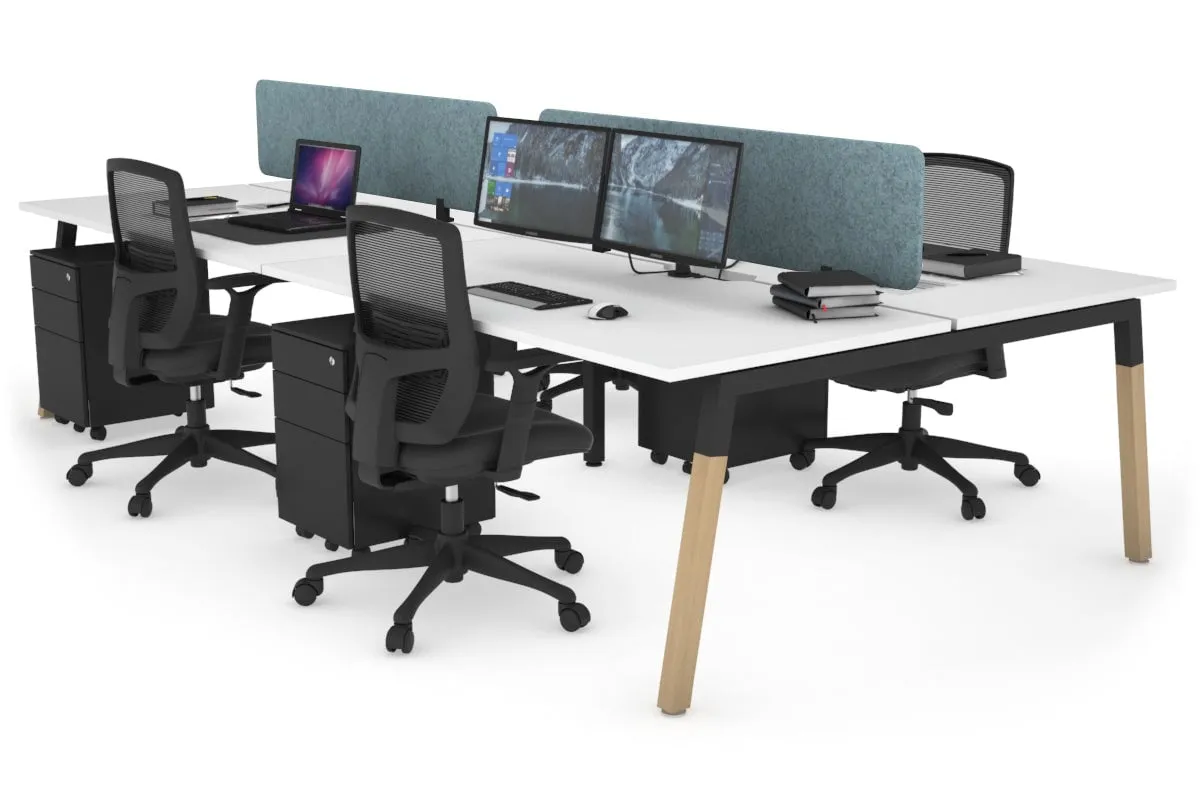Quadro A Legs 4 Person Office Workstation - Wood Legs Cross Beam [1400L x 800W with Cable Scallop]