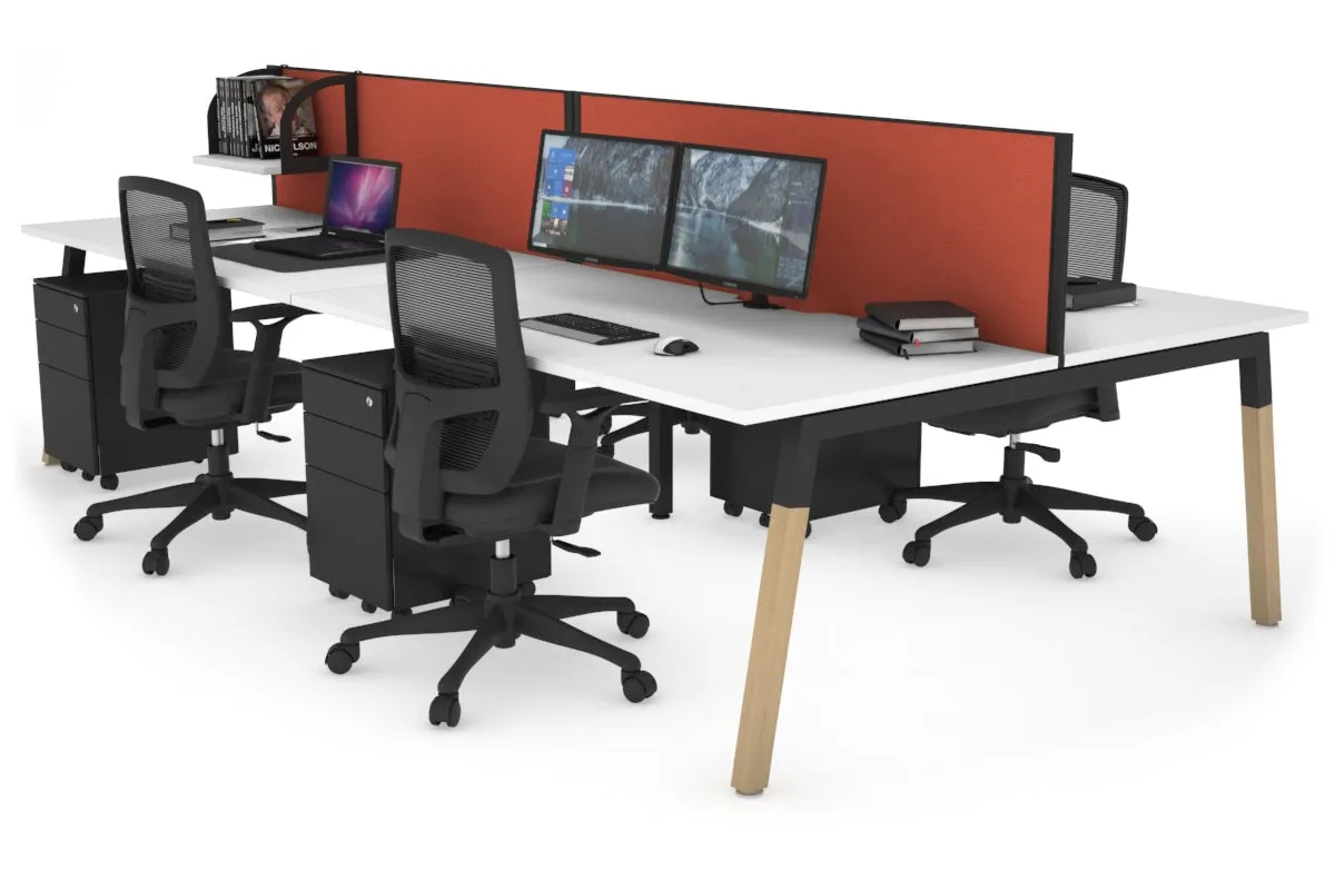 Quadro A Legs 4 Person Office Workstation - Wood Legs Cross Beam [1400L x 800W with Cable Scallop]
